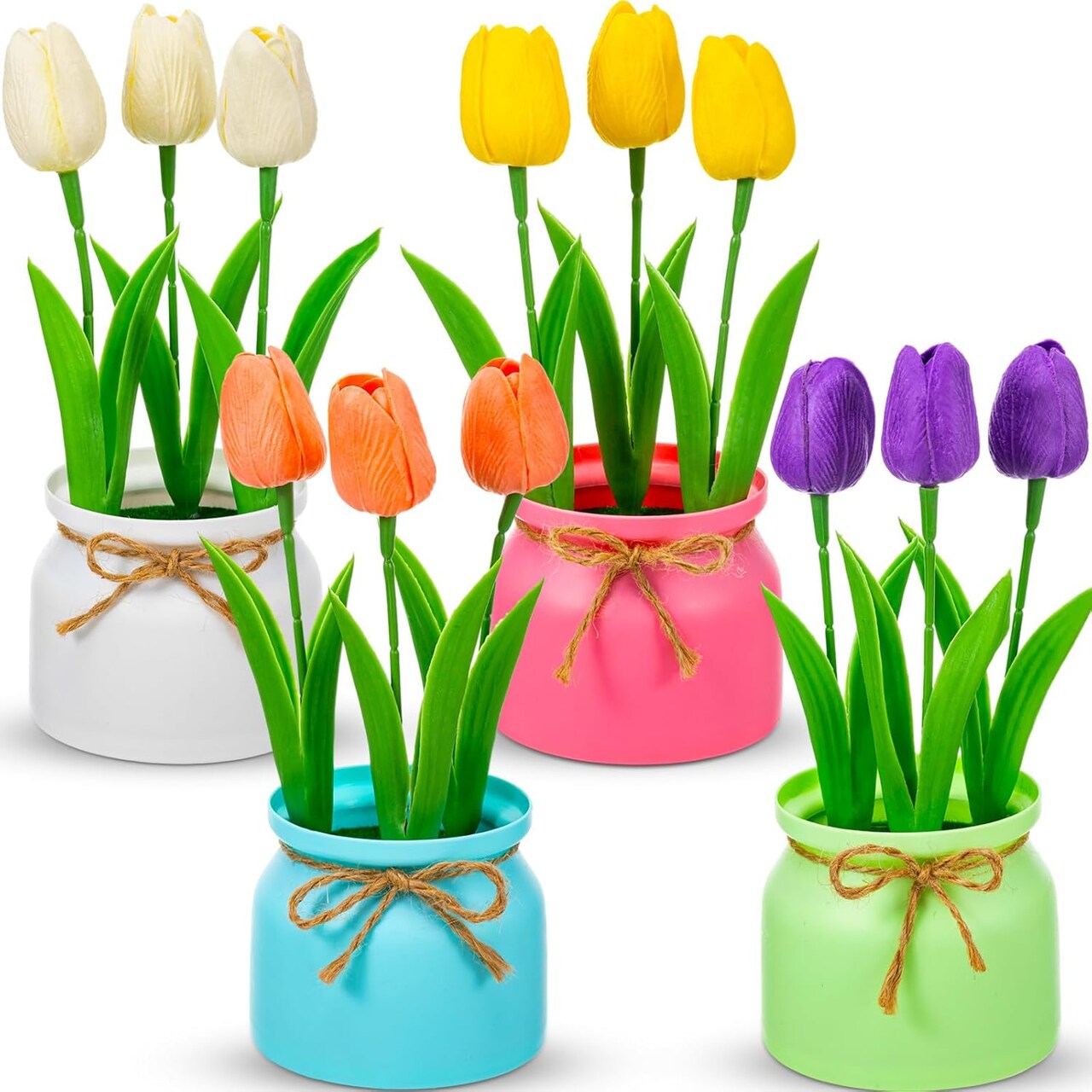 4 Pack Mini Artificial Potted Tulips – Multicolor Faux Flowers in Macaron Pots for Spring Home & Table Decor
